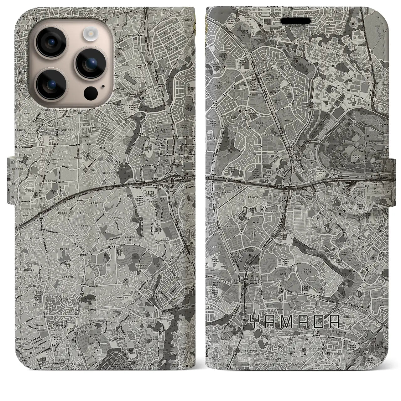 【山田（大阪府）】地図柄iPhoneケース（手帳タイプ）モノトーン・iPhone 16 Plus 用