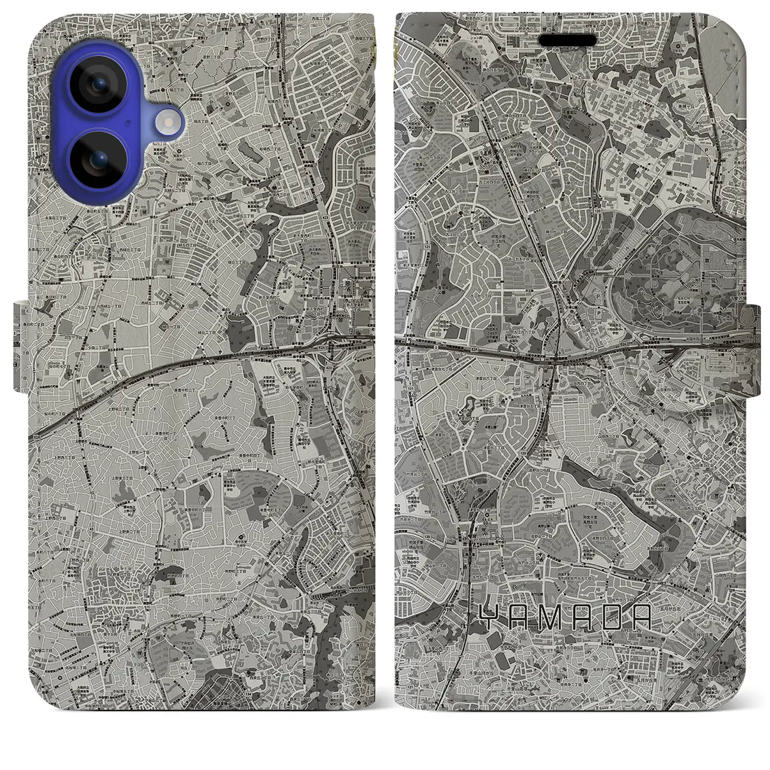 【山田(大阪府)】地図柄iPhoneケース(手帳タイプ)モノトーン・iPhone 16 Pro Max 用