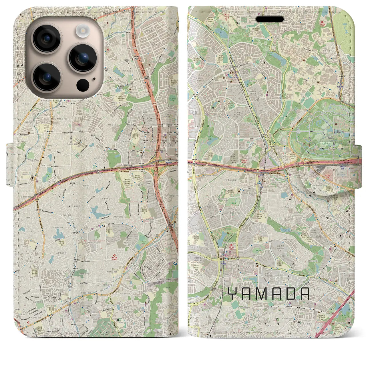 【山田（大阪府）】地図柄iPhoneケース（手帳タイプ）ナチュラル・iPhone 16 Plus 用