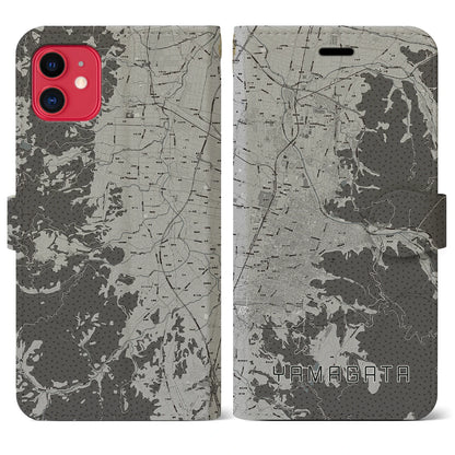 【山形（山形県）】地図柄iPhoneケース（手帳タイプ）モノトーン・iPhone 11 用