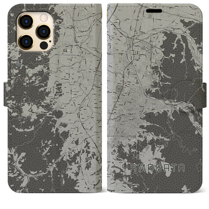【山形（山形県）】地図柄iPhoneケース（手帳タイプ）モノトーン・iPhone 12 Pro Max 用