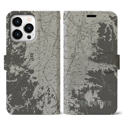【山形（山形県）】地図柄iPhoneケース（手帳タイプ）モノトーン・iPhone 13 Pro 用