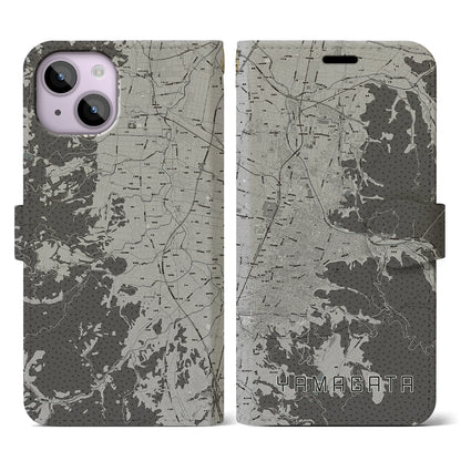 【山形（山形県）】地図柄iPhoneケース（手帳タイプ）モノトーン・iPhone 14 用