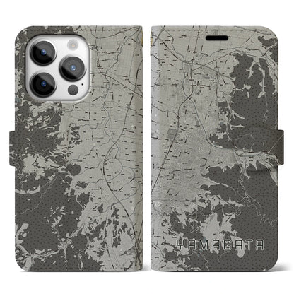 【山形（山形県）】地図柄iPhoneケース（手帳タイプ）モノトーン・iPhone 14 Pro 用