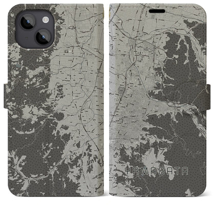 【山形（山形県）】地図柄iPhoneケース（手帳タイプ）モノトーン・iPhone 14 Plus 用