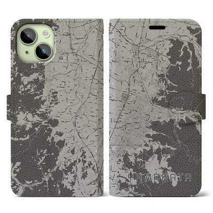 【山形（山形県）】地図柄iPhoneケース（手帳タイプ）モノトーン・iPhone 15 用