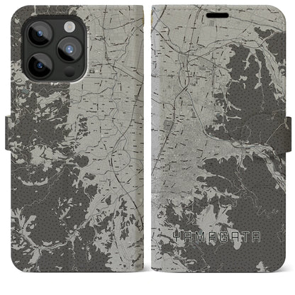 【山形（山形県）】地図柄iPhoneケース（手帳タイプ）モノトーン・iPhone 15 Pro Max 用