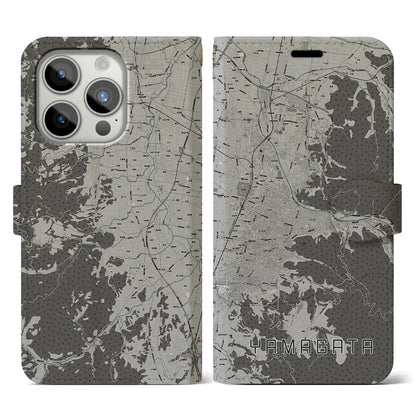 【山形（山形県）】地図柄iPhoneケース（手帳タイプ）モノトーン・iPhone 15 Pro 用