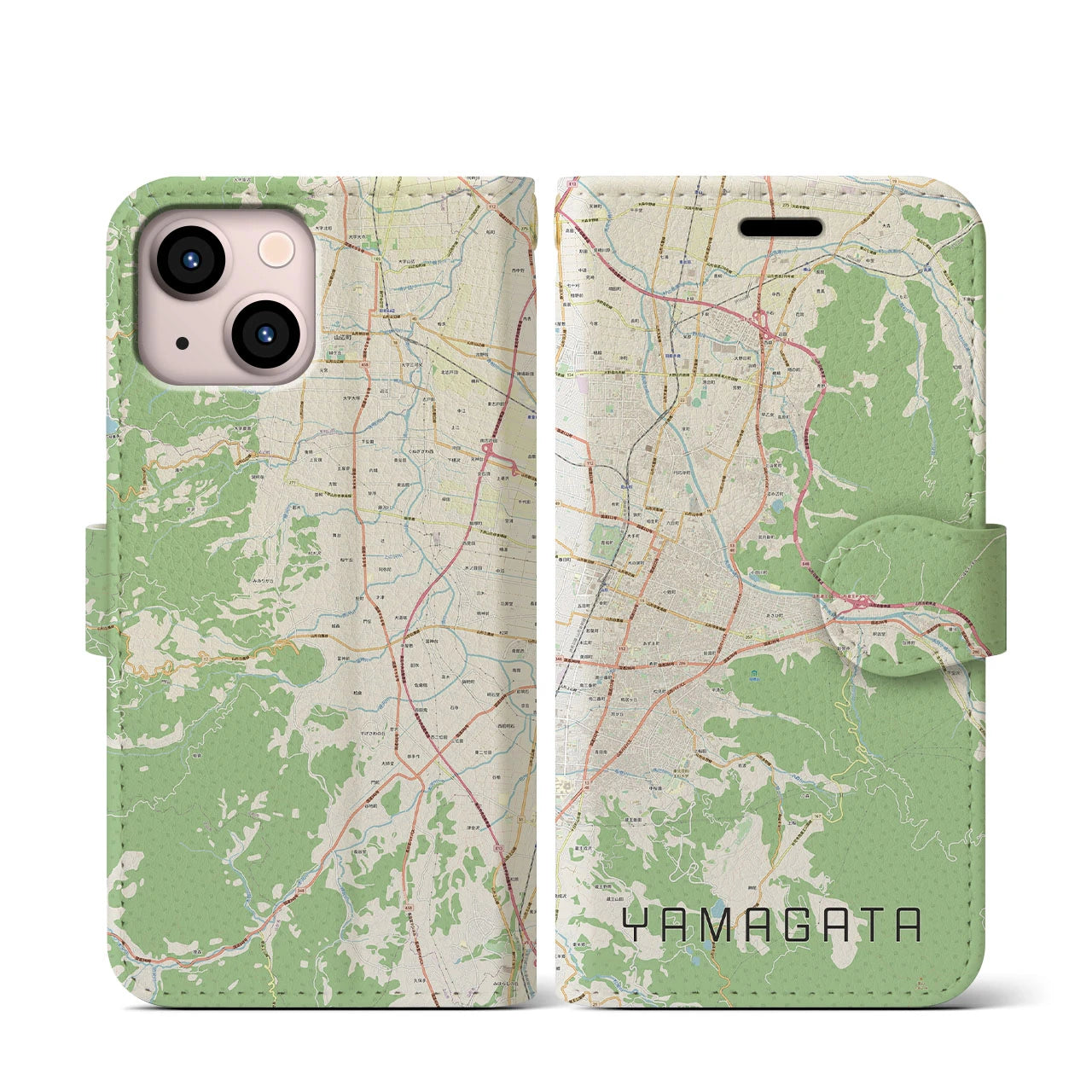 【山形】地図柄iPhoneケース（手帳両面タイプ・ナチュラル）iPhone 13 mini 用
