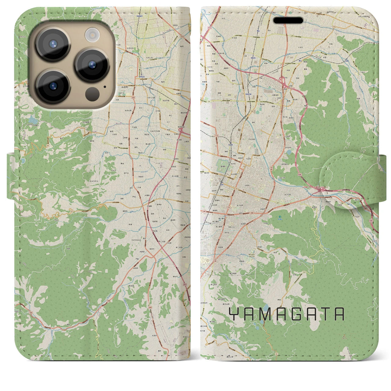 【山形】地図柄iPhoneケース（手帳両面タイプ・ナチュラル）iPhone 14 Pro Max 用