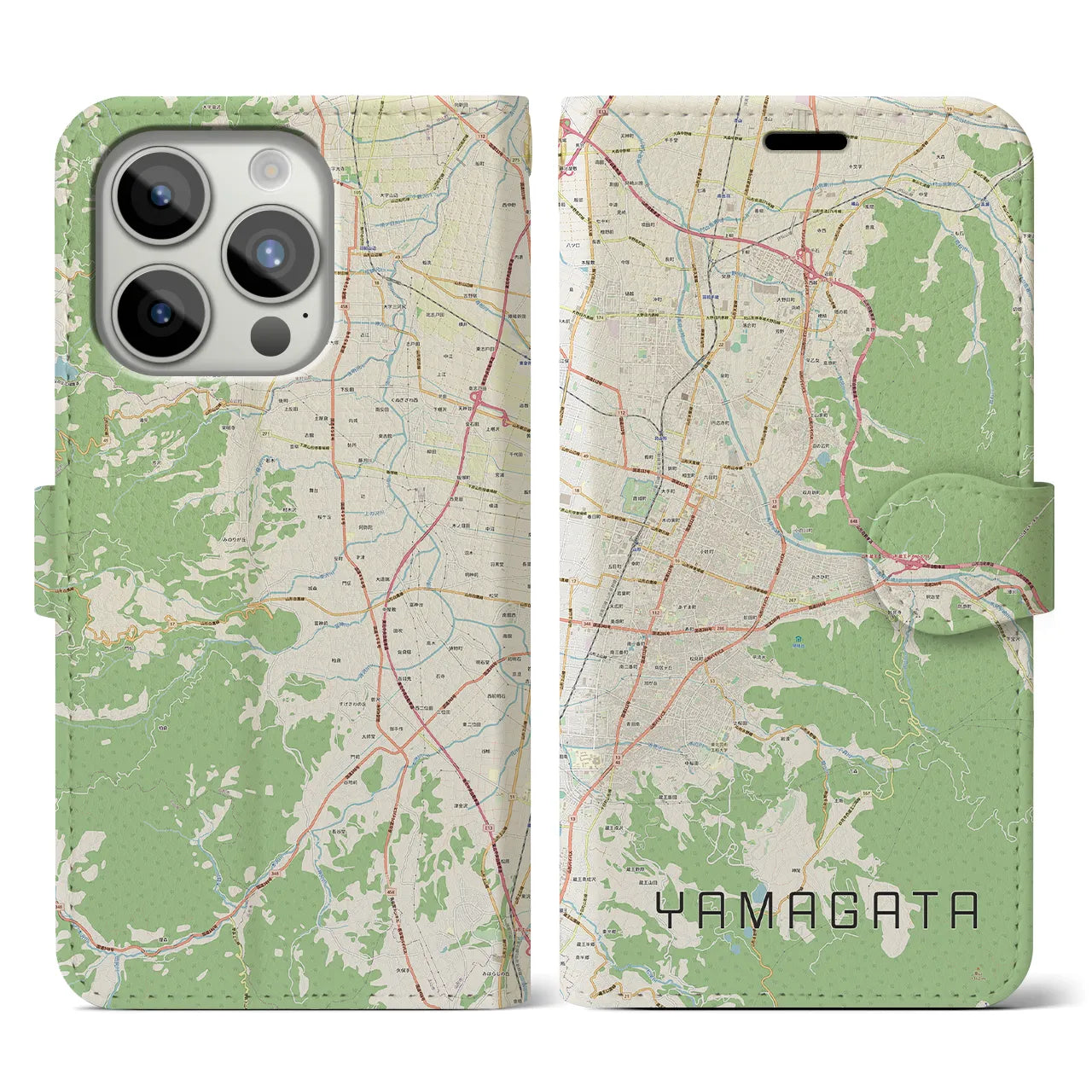 【山形】地図柄iPhoneケース（手帳両面タイプ・ナチュラル）iPhone 15 Pro 用
