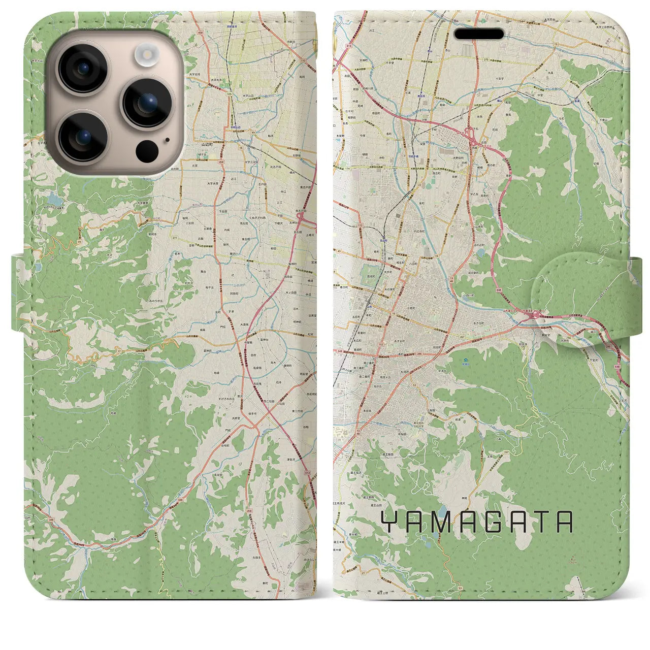 【山形（山形県）】地図柄iPhoneケース（手帳タイプ）ナチュラル・iPhone 16 Plus 用