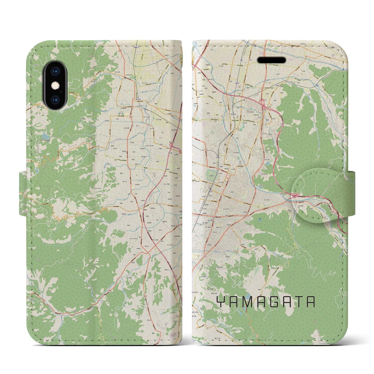 【山形】地図柄iPhoneケース（手帳両面タイプ・ナチュラル）iPhone XS / X 用