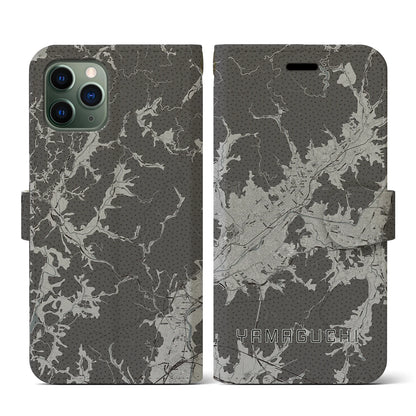 【山口（山口県）】地図柄iPhoneケース（手帳タイプ）モノトーン・iPhone 11 Pro 用