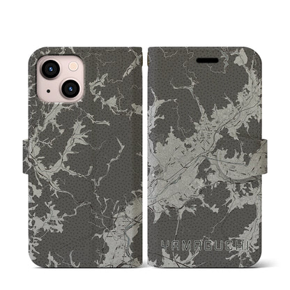【山口（山口県）】地図柄iPhoneケース（手帳タイプ）モノトーン・iPhone 13 mini 用