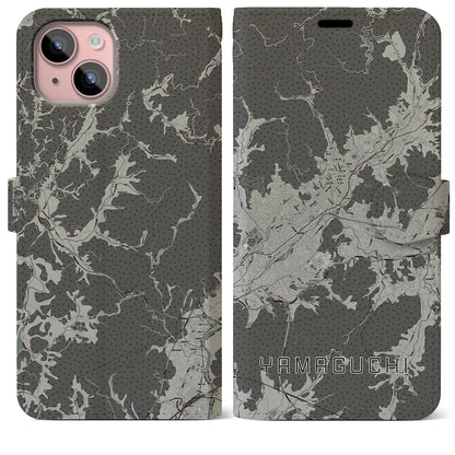 【山口（山口県）】地図柄iPhoneケース（手帳タイプ）モノトーン・iPhone 15 Plus 用