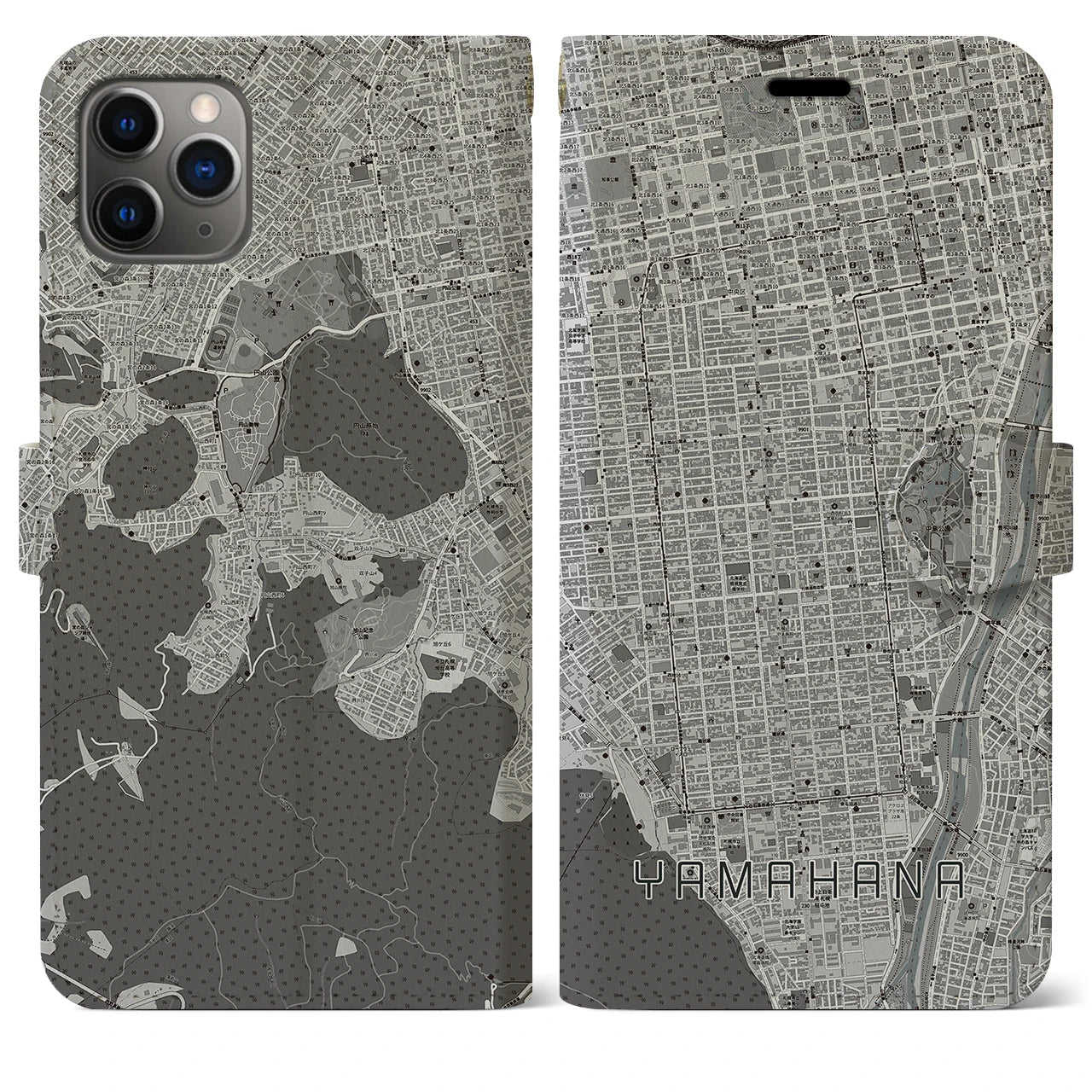 【山鼻】地図柄iPhoneケース（手帳両面タイプ・モノトーン）iPhone 11 Pro Max 用
