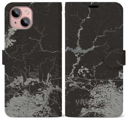 【山北（神奈川県）】地図柄iPhoneケース（手帳タイプ）モノトーン・iPhone 15 Plus 用