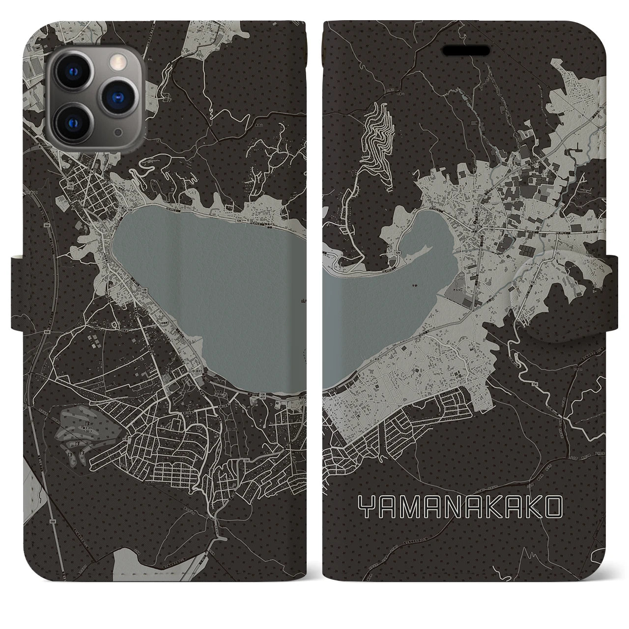 【山中湖】地図柄iPhoneケース（手帳両面タイプ・モノトーン）iPhone 11 Pro Max 用