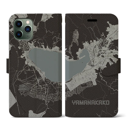 【山中湖（山梨県）】地図柄iPhoneケース（手帳タイプ）モノトーン・iPhone 11 Pro 用