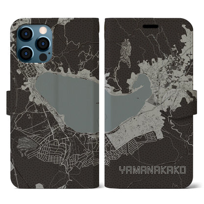 【山中湖（山梨県）】地図柄iPhoneケース（手帳タイプ）モノトーン・iPhone 12 / 12 Pro 用