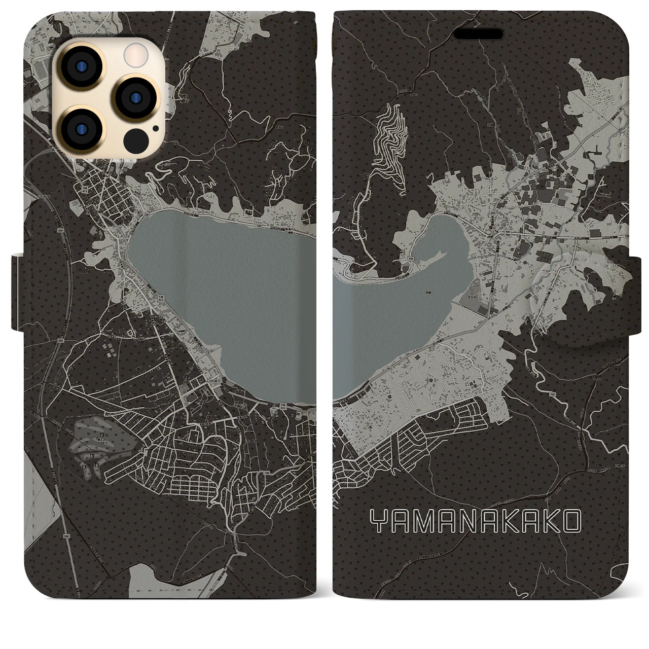 【山中湖】地図柄iPhoneケース（手帳両面タイプ・モノトーン）iPhone 12 Pro Max 用