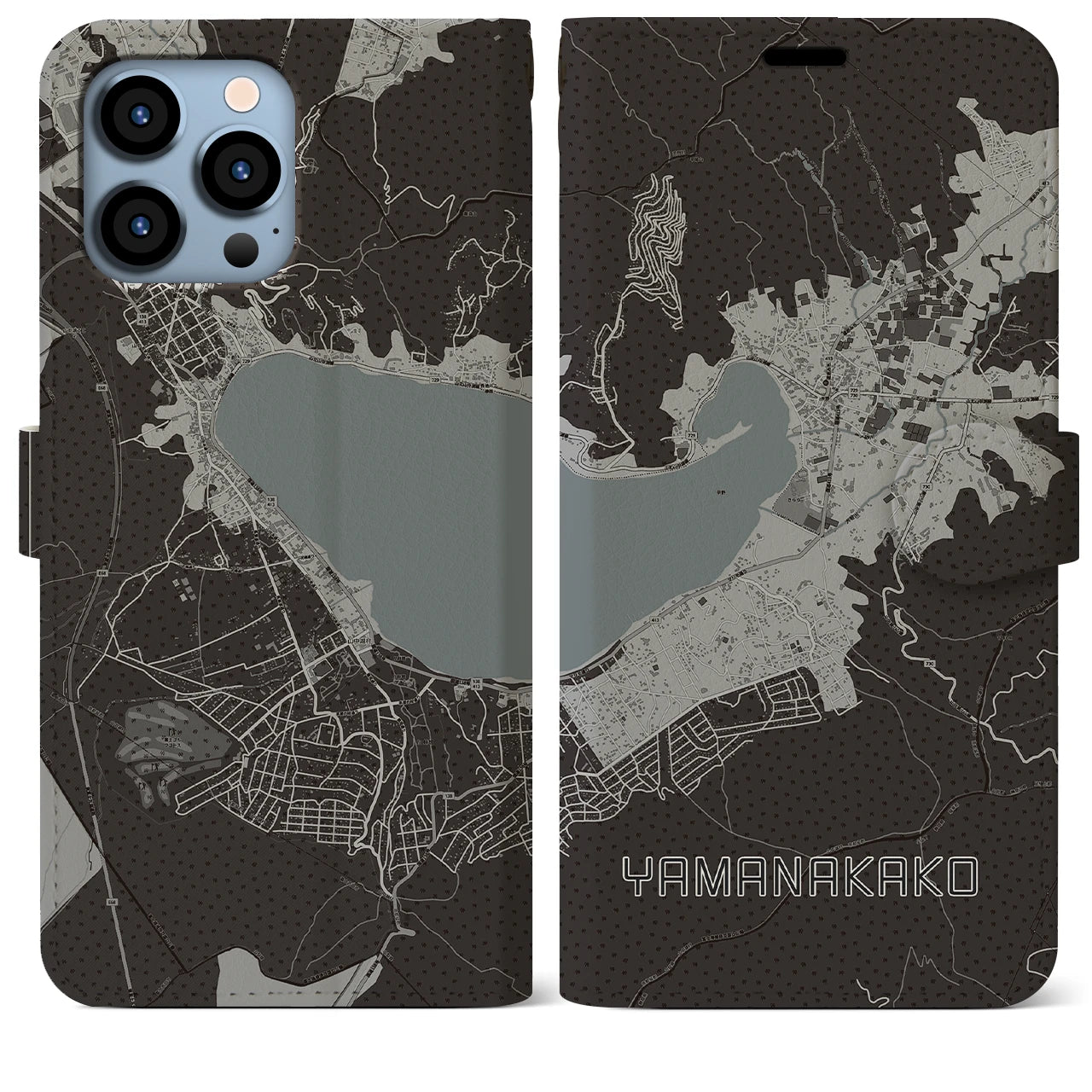 【山中湖】地図柄iPhoneケース（手帳両面タイプ・モノトーン）iPhone 13 Pro Max 用