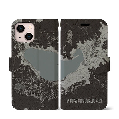 【山中湖（山梨県）】地図柄iPhoneケース（手帳タイプ）モノトーン・iPhone 13 mini 用
