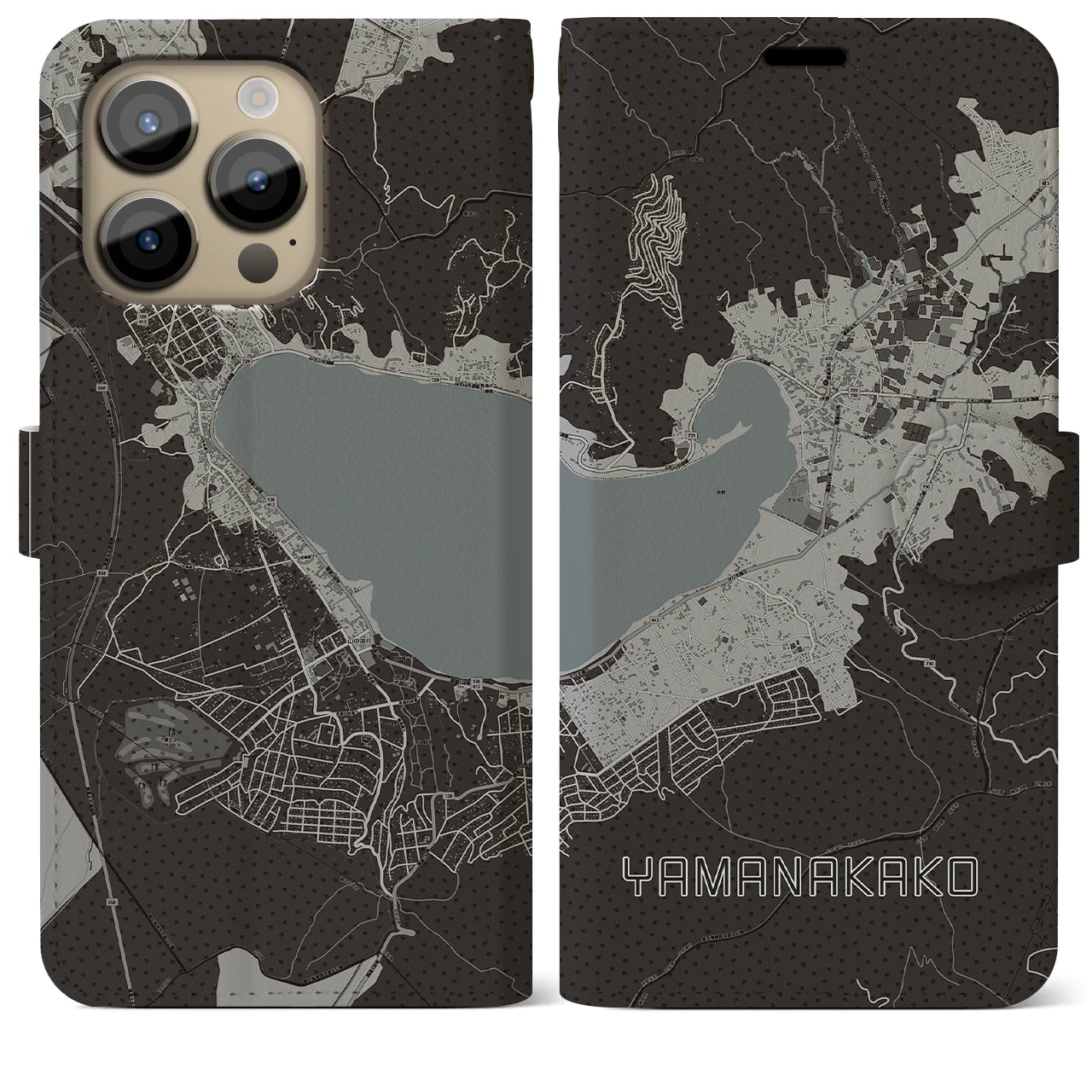 【山中湖】地図柄iPhoneケース（手帳両面タイプ・モノトーン）iPhone 14 Pro Max 用