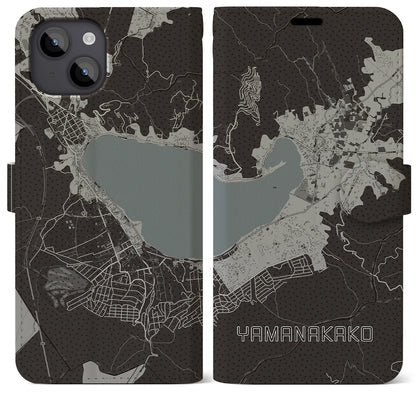 【山中湖（山梨県）】地図柄iPhoneケース（手帳タイプ）モノトーン・iPhone 14 Plus 用