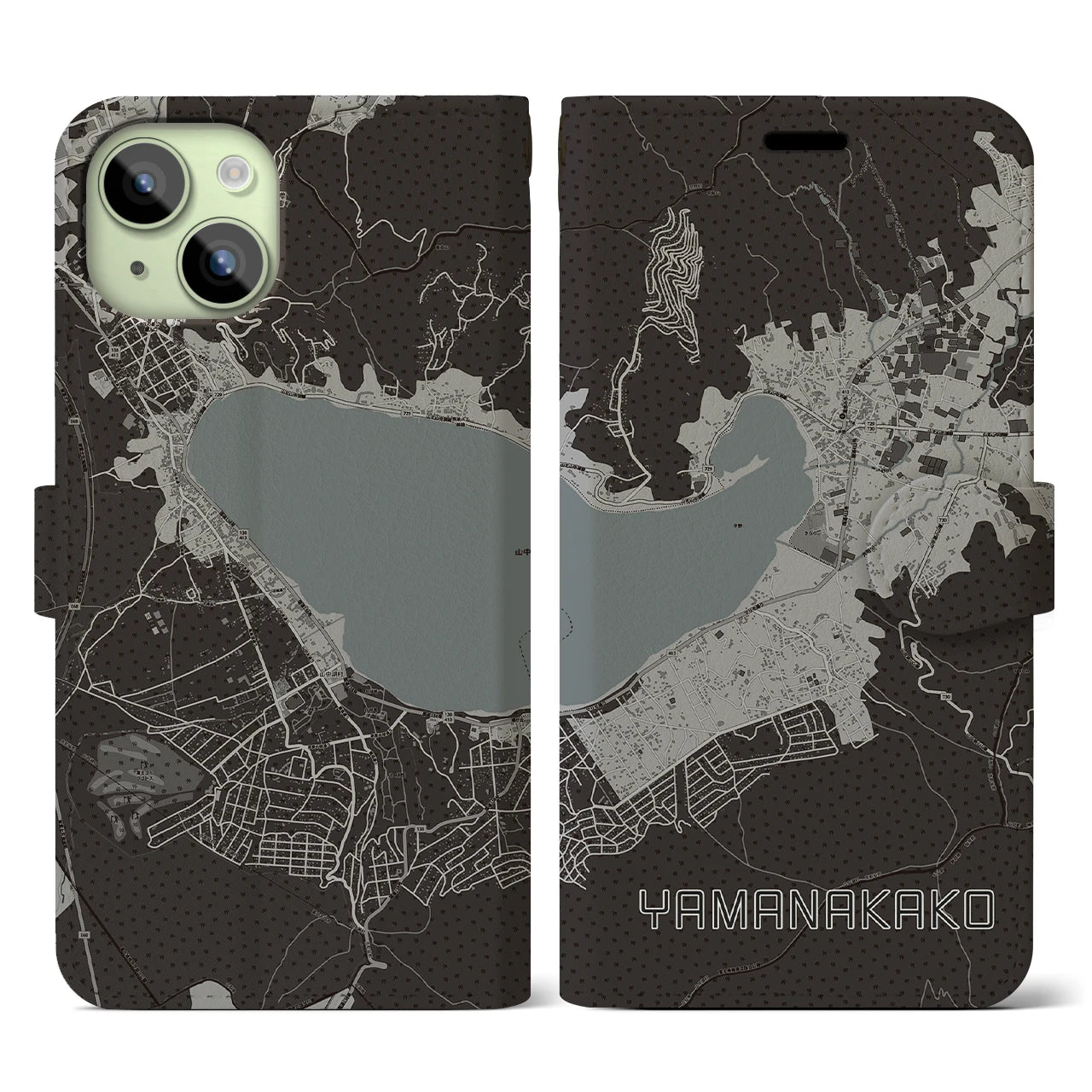 【山中湖】地図柄iPhoneケース（手帳両面タイプ・モノトーン）iPhone 15 用