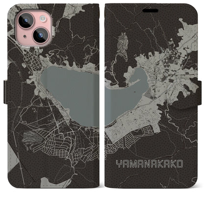 【山中湖（山梨県）】地図柄iPhoneケース（手帳タイプ）モノトーン・iPhone 15 Plus 用