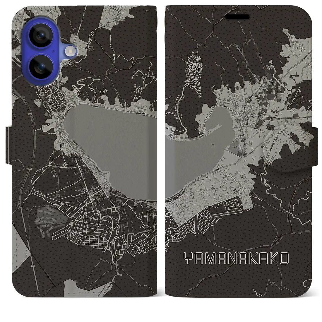 【山中湖(山梨県)】地図柄iPhoneケース(手帳タイプ)モノトーン・iPhone 16 Pro Max 用