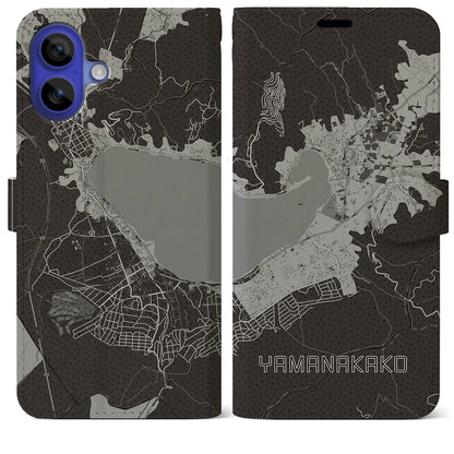 【山中湖（山梨県）】地図柄iPhoneケース（手帳タイプ）モノトーン・iPhone 16 Pro Max 用