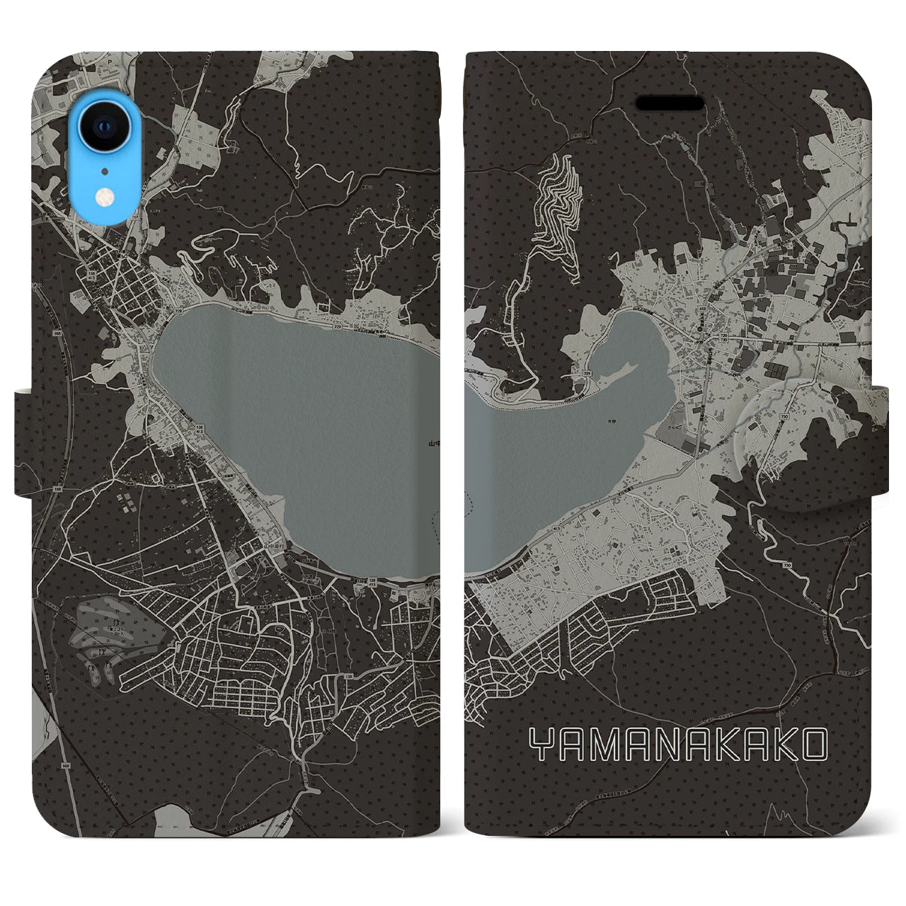 【山中湖】地図柄iPhoneケース（手帳両面タイプ・モノトーン）iPhone XR 用