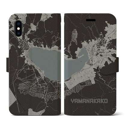 【山中湖（山梨県）】地図柄iPhoneケース（手帳タイプ）モノトーン・iPhone XS / X 用