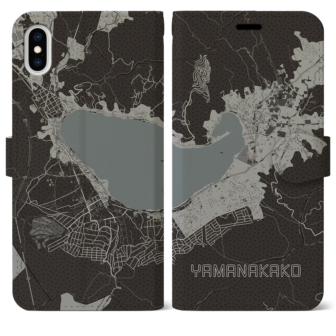 【山中湖】地図柄iPhoneケース（手帳両面タイプ・モノトーン）iPhone XS Max 用