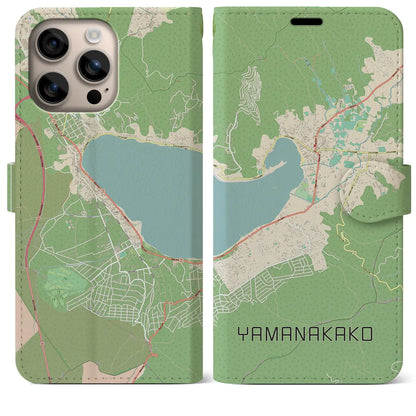 【山中湖（山梨県）】地図柄iPhoneケース（手帳タイプ）ナチュラル・iPhone 16 Plus 用