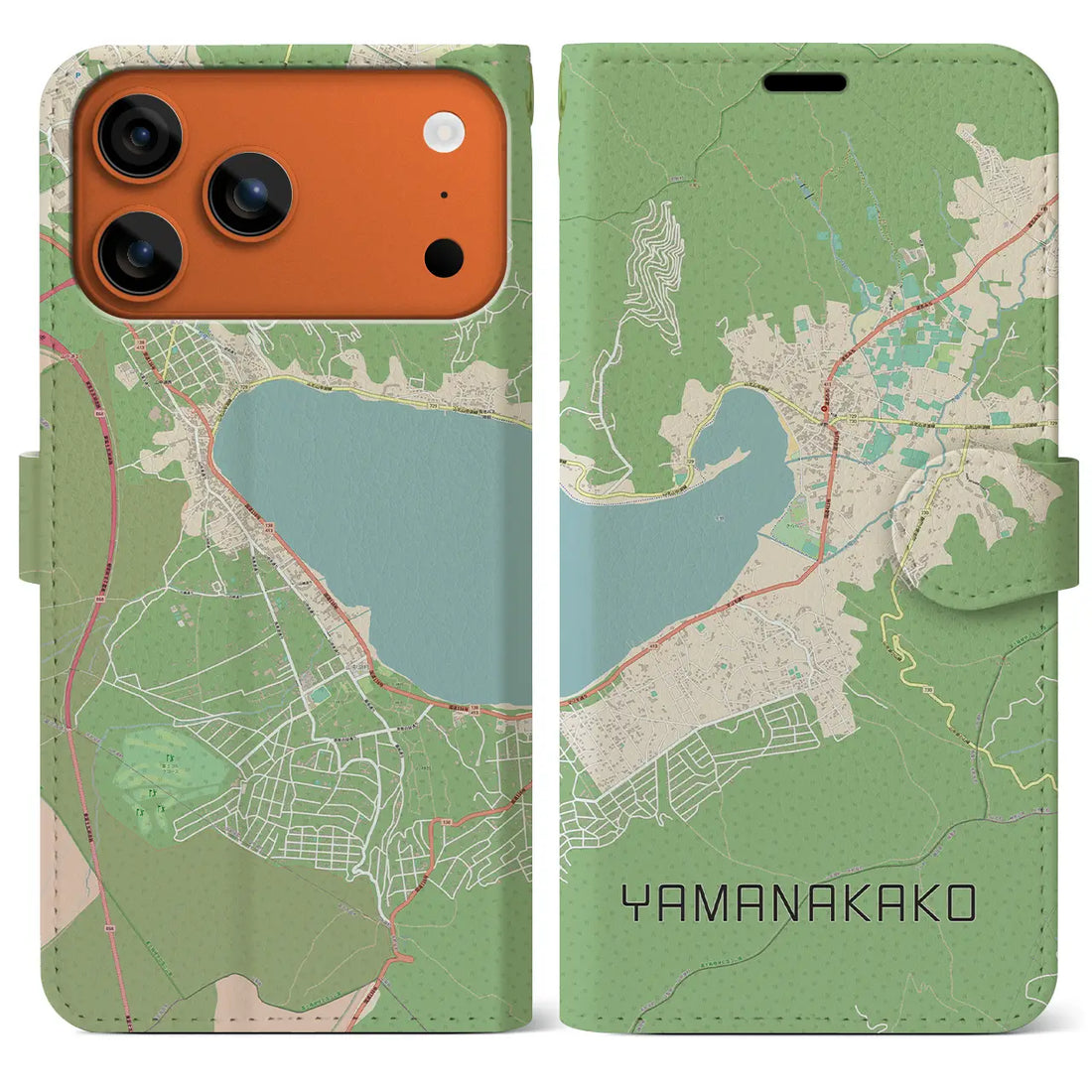 【山中湖（山梨県）】地図柄iPhoneケース（手帳タイプ）ナチュラル・iPhone 17 Pro Max 用