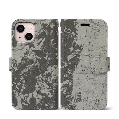 【山辺（山形県）】地図柄iPhoneケース（手帳タイプ）モノトーン・iPhone 13 mini 用