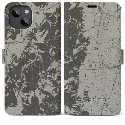 【山辺（山形県）】地図柄iPhoneケース（手帳タイプ）モノトーン・iPhone 14 Plus 用