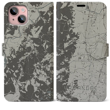 【山辺（山形県）】地図柄iPhoneケース（手帳タイプ）モノトーン・iPhone 15 Plus 用