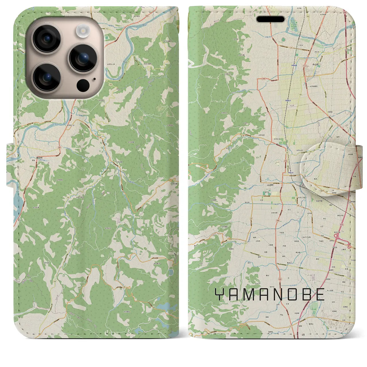 【山辺（山形県）】地図柄iPhoneケース（手帳タイプ）ナチュラル・iPhone 16 Plus 用