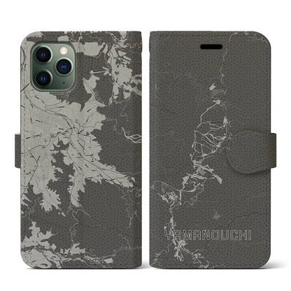 【山ノ内（長野県）】地図柄iPhoneケース（手帳タイプ）モノトーン・iPhone 11 Pro 用