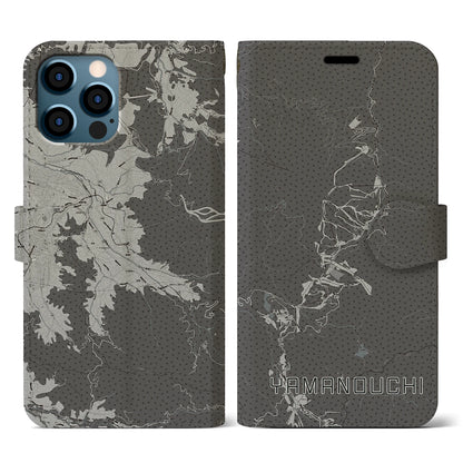 【山ノ内（長野県）】地図柄iPhoneケース（手帳タイプ）モノトーン・iPhone 12 / 12 Pro 用