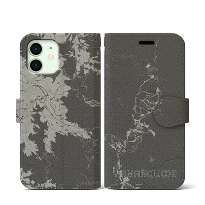 【山ノ内（長野県）】地図柄iPhoneケース（手帳タイプ）モノトーン・iPhone 12 mini 用
