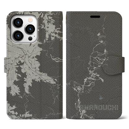 【山ノ内（長野県）】地図柄iPhoneケース（手帳タイプ）モノトーン・iPhone 13 Pro 用