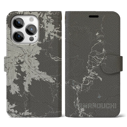 【山ノ内（長野県）】地図柄iPhoneケース（手帳タイプ）モノトーン・iPhone 14 Pro 用