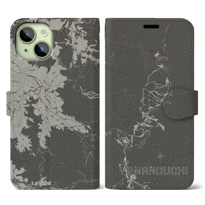 【山ノ内（長野県）】地図柄iPhoneケース（手帳タイプ）モノトーン・iPhone 15 用