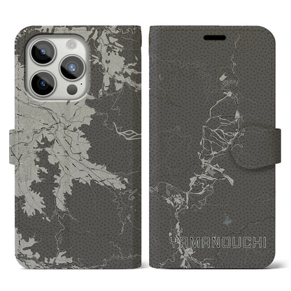 【山ノ内（長野県）】地図柄iPhoneケース（手帳タイプ）モノトーン・iPhone 15 Pro 用
